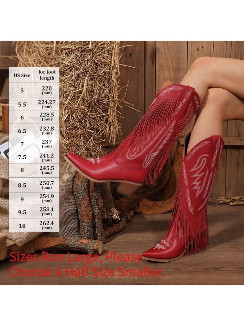 Women's Red Retro Pointed Toe Pull On Block Chunky Heel Embroider Cowgirl Boot - Picture 5 of 6